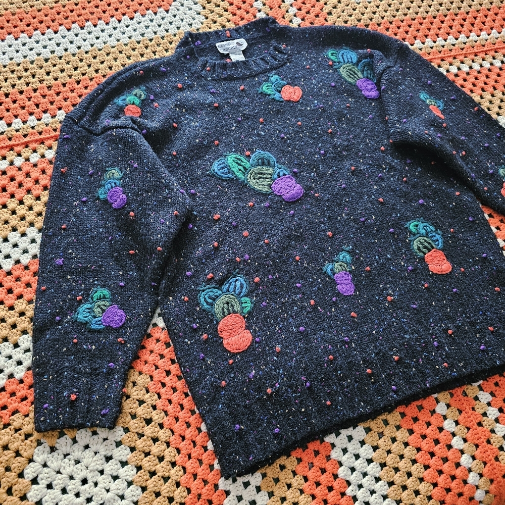 80s Wool Blend Floral Berry 3D Embroidered Black Knit Confetti Vintage Sweater